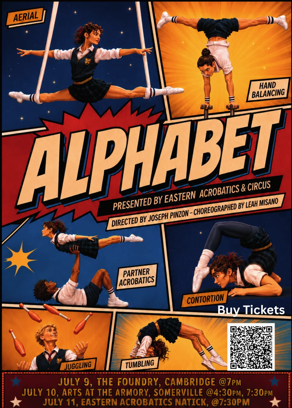 ALPHABET — Youth Contemporary Circus Show poster featuring teen performers in aerial, hand balancing, partner acrobatics, contortion, juggling, and tumbling
